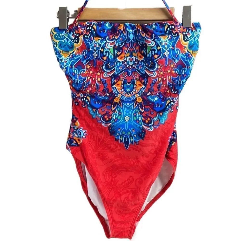 Lauren Ralph Lauren Tropical Red Blue Floral Paisley One Piece Halter Swimsuit 8